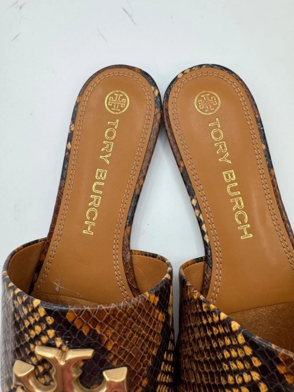 Tory Burch Eleanor Python-Print Leather Mules Gold Logo Size 10M Womens